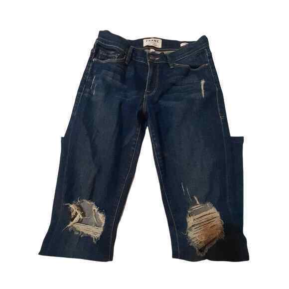 FRAME Dark Wash Destressed‎ Ripped Jeans Size 27 Le Skinny De Jeanne - Picture 9 of 9